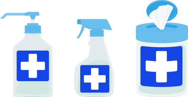 Vector illustrations of hand disinfectant bottle and disinfection spray and wet wipe disinfection